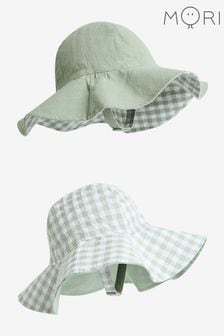 Mori Green Organic Cotton & Bamboo Reversible Sage Green Gingham Sun Hat (N28172) | ￥3,170