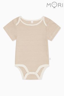 Mori Cremefarbener Langarm-Bodysuit aus Bio-Baumwolle und Bambus in Taupe mit Streifen​​​​​​​ (N28201) | 32 €