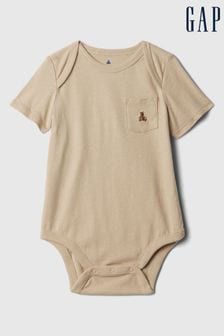 Gap Beige Embroidered Brannan Bear Pocket Short Sleeve Bodysuit (Newborn-24mths) (N28407) | €7