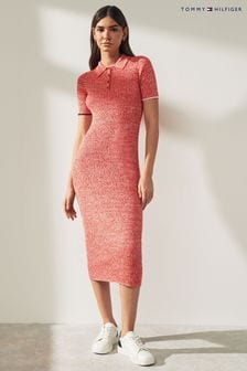 Красное платье миди в рубчик Tommy Hilfiger меланжевого цвета с воротником-поло (N28699) | €239