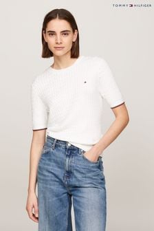 Tommy Hilfiger Cream Cable Short Sleeve Sweater (N28715) | kr1,688