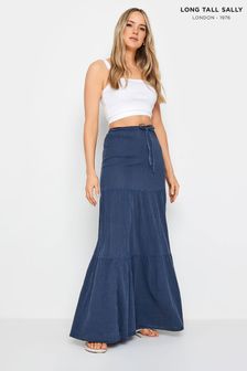 Long Tall Sally Navy Blue Acid Wash Tiered Maxi Skirt (N28874) | OMR20