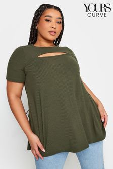 Yours Curve Khaki Green Ribbed Cut Out T-Shirt (N29149) | OMR11