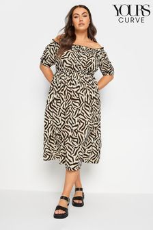 Yours Curve Beige Brown Animal Print Bardot Midi Dress (N29156) | $75