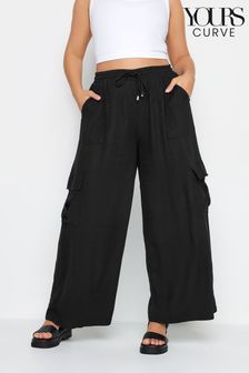 Yours Curve Black Linen Wide Leg Cargo Trousers (N29190) | SGD 60