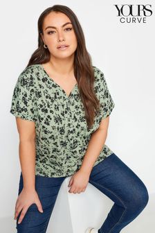 Yours Curve Green Floral Print Pintuck Henley Blouses (N29200) | kr273