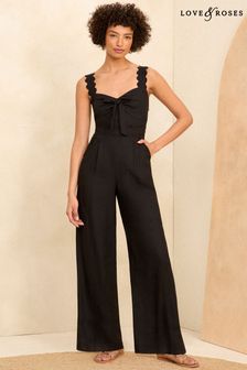 Love & Roses Black Scallop Wide Leg Jumpsuit With Linen (N29483) | €33