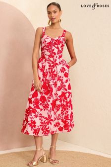 Love & Roses Pink and Red Floral Cami Corset Lace Trim Cotton Midi Dress (N29502) | 421 SAR
