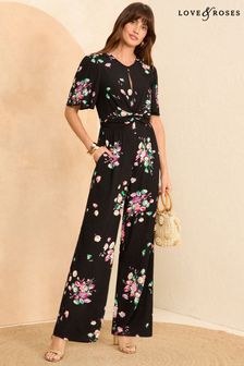 Love & Roses Black Floral Printed Keyhole Wide Leg Jumpsuit (N29622) | €67