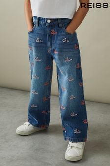 Reiss Blue Skylar Senior Relaxed Embroidered Logo Jeans (N29639) | SGD 165