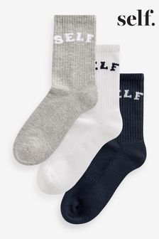 self. Navy/Grey/White Ribbed Cushion Sole Varsity Slogan Ankle Socks 3 Pack (N29772) | €13