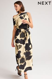 Cream/Black Cow Smudge Print Sleeveless Knot Shoulder Column Maxi Dress (N30378) | $122