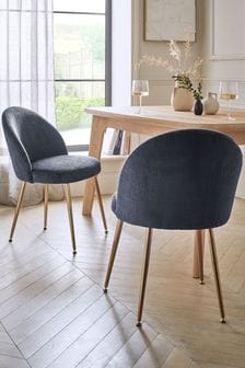 Set of 2 Plush Chenille Slate Blue Newman Brushed Gold Finish Leg Dining Chairs (N31155) | €285