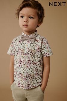 Rose motif fleurs - Ensemble chemise à manches courtes et nœud papillon (3 mois - 7 ans) (N31172) | €19 - €22