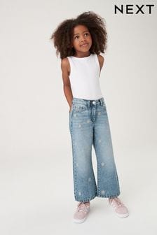 Mid Blue Denim Floral Embroidered 100% Cotton Wide Leg Jeans (3-16yrs) (N31192) | $34 - $43