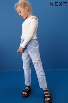 丹寧亮藍色 - 花卉繡花款老媽牛仔褲 (3-16歲) (N31195) | NT$890 - NT$1,110