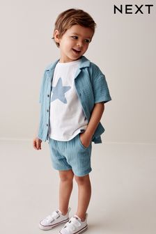 Blue Short Sleeve Textured Shirt and Shorts Set (3mths-12yrs) (N31283) | HK$175 - HK$227