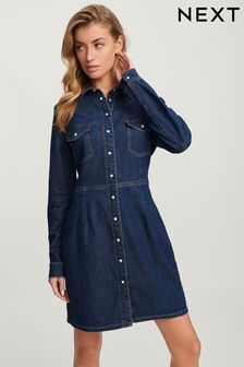 Умеренно синяя джинсовая ткань - Джинсовое платье-рубашка мини (N31471) | €23
