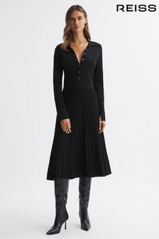 Reiss Black Mia Knitted Pleated Midi Dress (N31484) | €331