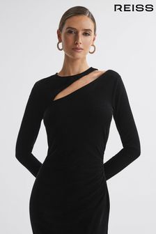 Reiss Black Macey Petite Velvet Cut-Out Midi Dress (N31485) | AED1,066