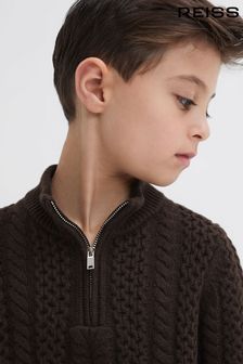 Čokolada - Reiss pleten pulover ozkega kroja s polovično zadrgo Bantham (N31486) | €48