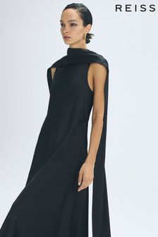 Reiss Black Keira Atelier Duchess Satin Cape Maxi Dress (N31507) | $1,307