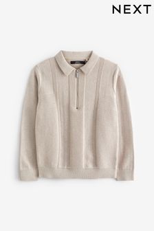 Putty Textured Knit Zip Neck Long Sleeve Polo Shirt (3-16yrs) (N31923) | BGN 43 - BGN 57