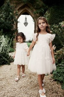 بيج فاتح أبيض، تصميم زهرة 3 الأبعاد - فستان شبكي تصميم فتاة الورود (3-16 سنة) (N31946) | 179 ر.س - 215 ر.س