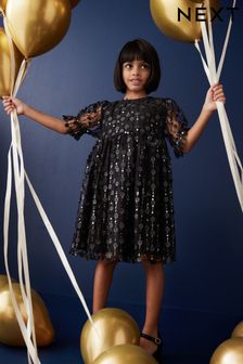 Black Sequin Flower Sequin Shimmer Party Dress (3-16yrs) (N31950) | AED116 - AED145