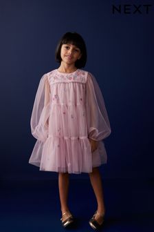 Pink Pretty Embroidered Long Sleeve Soft Mesh Dress (3-16yrs) (N31962) | SGD 47 - SGD 58