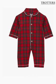 Trotters London Little Red Tartan Cosy Cotton Christmas All-In-One