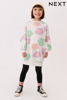 Bež-bela/lila vijolična/zelena s potiskom marjetic - Mehka obleka pulover (3–16 let) (N32139) | €13 - €18