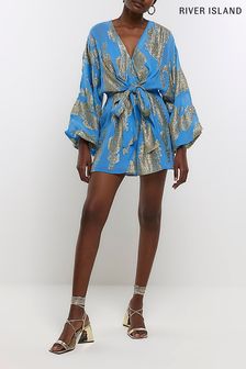 River Island Blue Tie Mini Metallic Playsuit (N32170) | 42 €