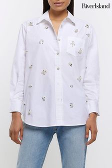 River Island White Embellished Pearl Shirt (N32209) | kr649