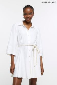 River Island White Belted Godet Linen Shirt Dress (N32243) | €27