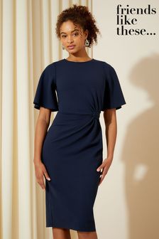 Friends Like These Navy Blue Tailored Knot Detail Flutter Sleeve Midi Dress (N32727) | €60