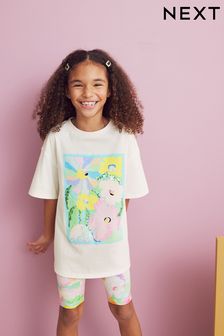 ピンク フローラル スパンコール - Tシャツ & サイクリング ショートパンツセット (3～16 歳) (N32978) | ￥2,430 - ￥3,470