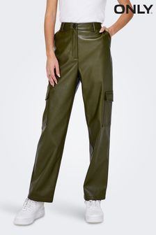 ONLY High Waisted Faux Leather Wide Leg Utility Cargo Trousers