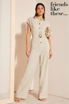 Friends Like These Cream Short Sleeve Button Through Tailored Jumpsuit with Linen (N33081) | $114