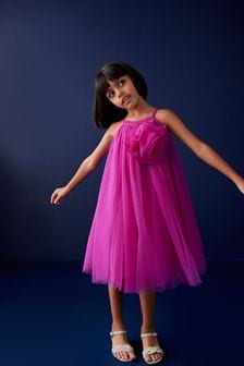 Rosa magenta - Vestido de malla con flor (3 a 16 años) (N33155) | 30 € - 39 €