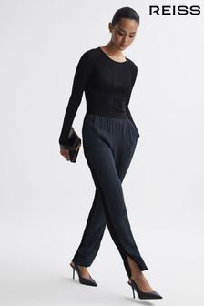 Reiss Black Leona Tapered Split Hem Trousers (N33338) | OMR113