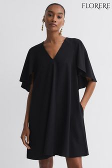 Črna - Kratka obleka sproščenega kroja s kapički na rokavih Florere (N33340) | €226