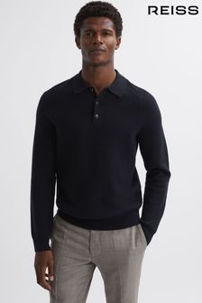 Reiss Navy Holms Wool Long Sleeve Polo Shirt (N33364) | $287