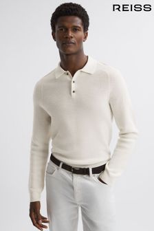 Reiss Ecru Holms Wool Long Sleeve Polo Shirt (N33391) | 867 QAR