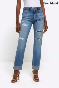 River Island Blue High Rise Slim Stretch Turn Up Ripped Jeans (N33454) | $75