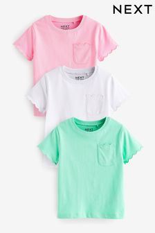 Pink/Green 3 Pack Short Sleeve Cotton Scallop Edge T-Shirts (3mths-7yrs) (N33660) | OMR6 - OMR8