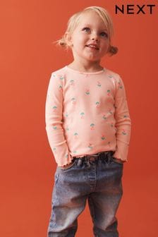 Кораллово-розовый с цветочным - Хлопковая футболка в рубчик с длинными рукавами (3 мес.-7 лет) (N33663) | €4 - €7