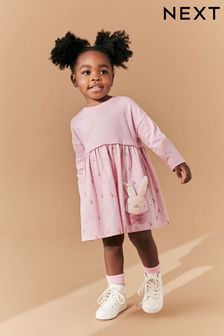 Rosa con conejito - Vestido de punto de manga larga con apliques (3 meses-7 años) (N33921) | 12 € - 15 €