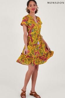 Monsoon Yellow Floral and Palm Print Dress in LENZING™ ECOVERO™ (N33925) | €46