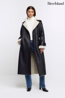 River Island Black Shearling Belted Trench Coat (N34090) | €63